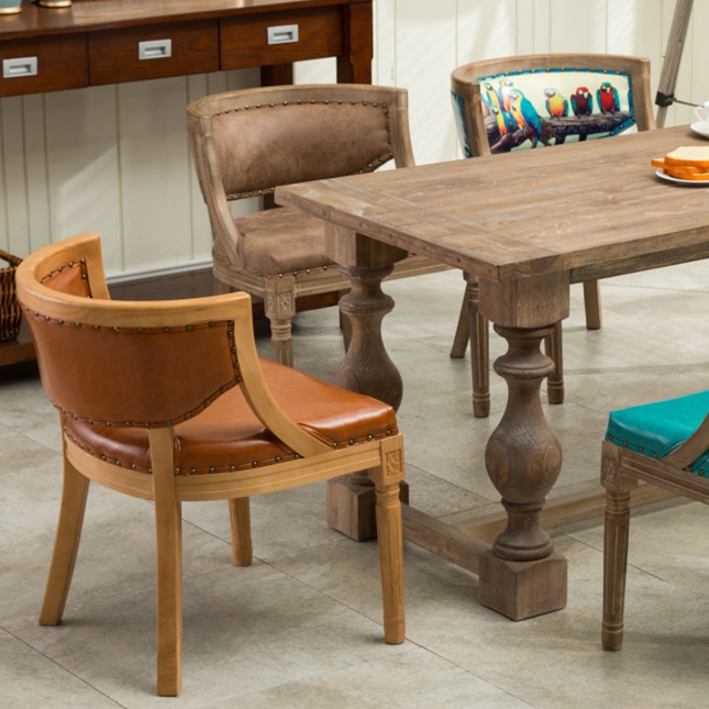 Vintage Rustic Style Solid Wood Rectangular Oak Medium Dining Table with Sculptured Legs & Beam Support window image