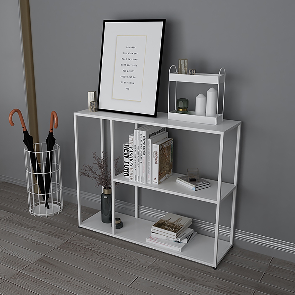 Console rectangulaire rectangulaire avec étagères en métal industriel blanc image de fenêtre