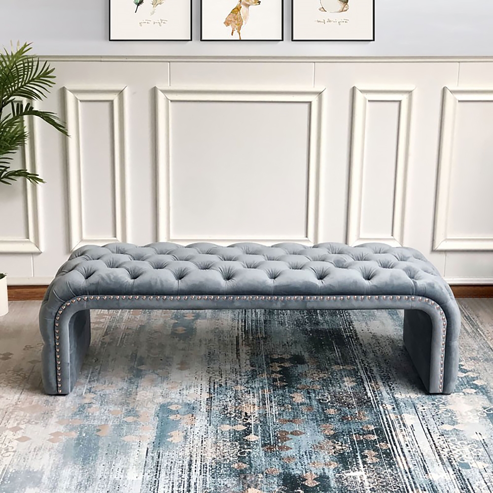 Tufted Bench Blue Velvet Upholstered Bench Ottoman Bench Mid-Century Bench window image