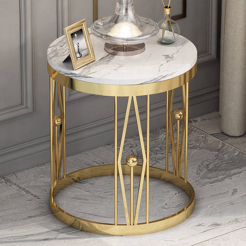 Modern Luxurious Round White Faux Marble Side Table Stainless Steel End Table in Gold window image