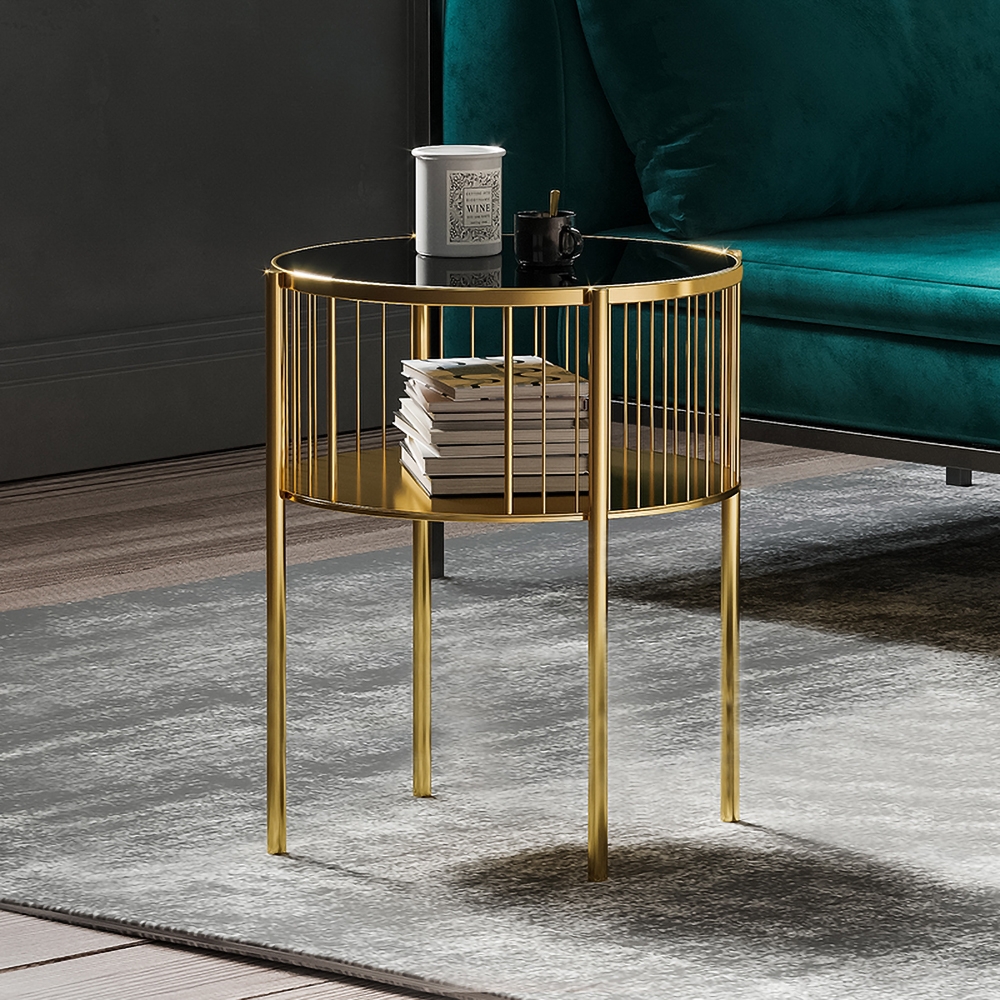 Black Round Coffee Table Set of 2 with Shelf Accent Table Metal in Gold window image