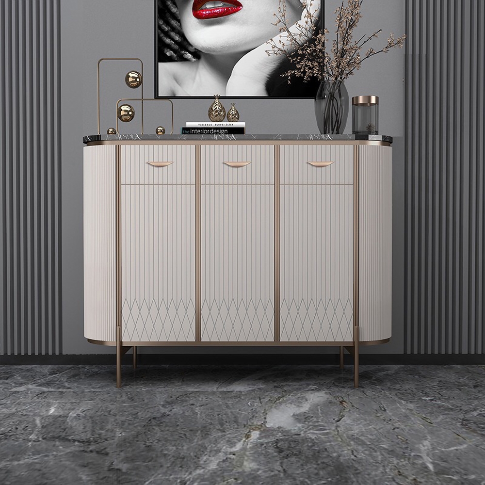 Buffet moderne de 1400 mm avec portes supérieures en faux marbre noir, tiroirs et étagères de taille moyenne image de fenêtre