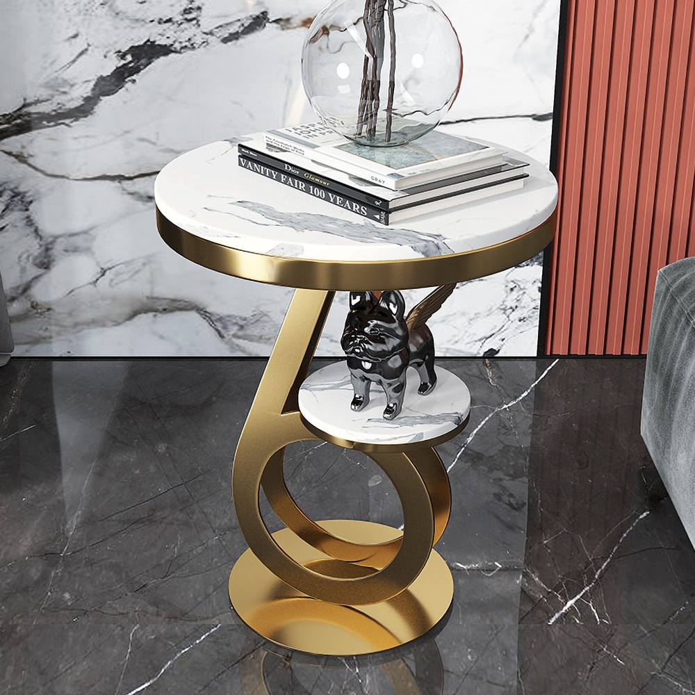 Gold 2-Tiered Round Side Table with Storage Marble Top End Table window image