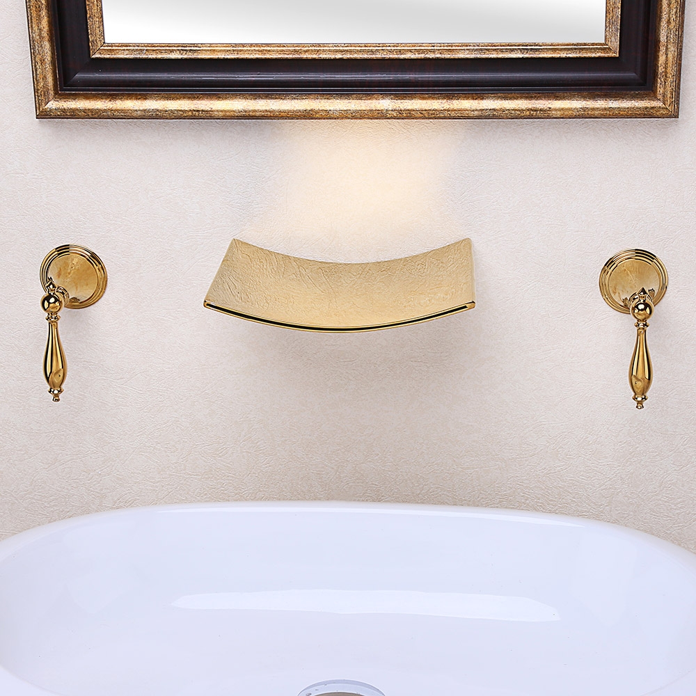 Grop Modern Waterfall Wall Mount 2-Handle Bathroom Sink Faucet Solid Brass in Gold window image