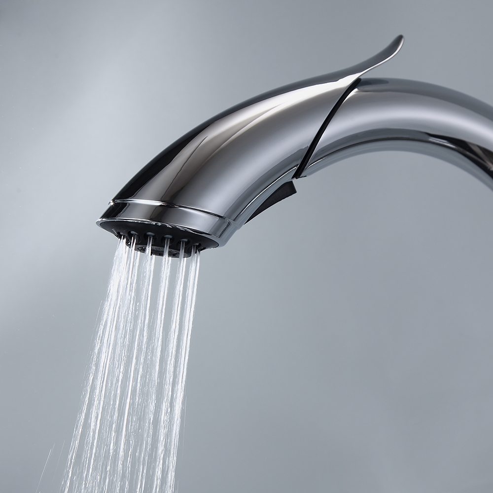 Mono Robinet de Cuisine Poignée Unique à Tirer vers Le Bas Robinet à Arc Élevé Chrome cUPC Certifié image de fenêtre