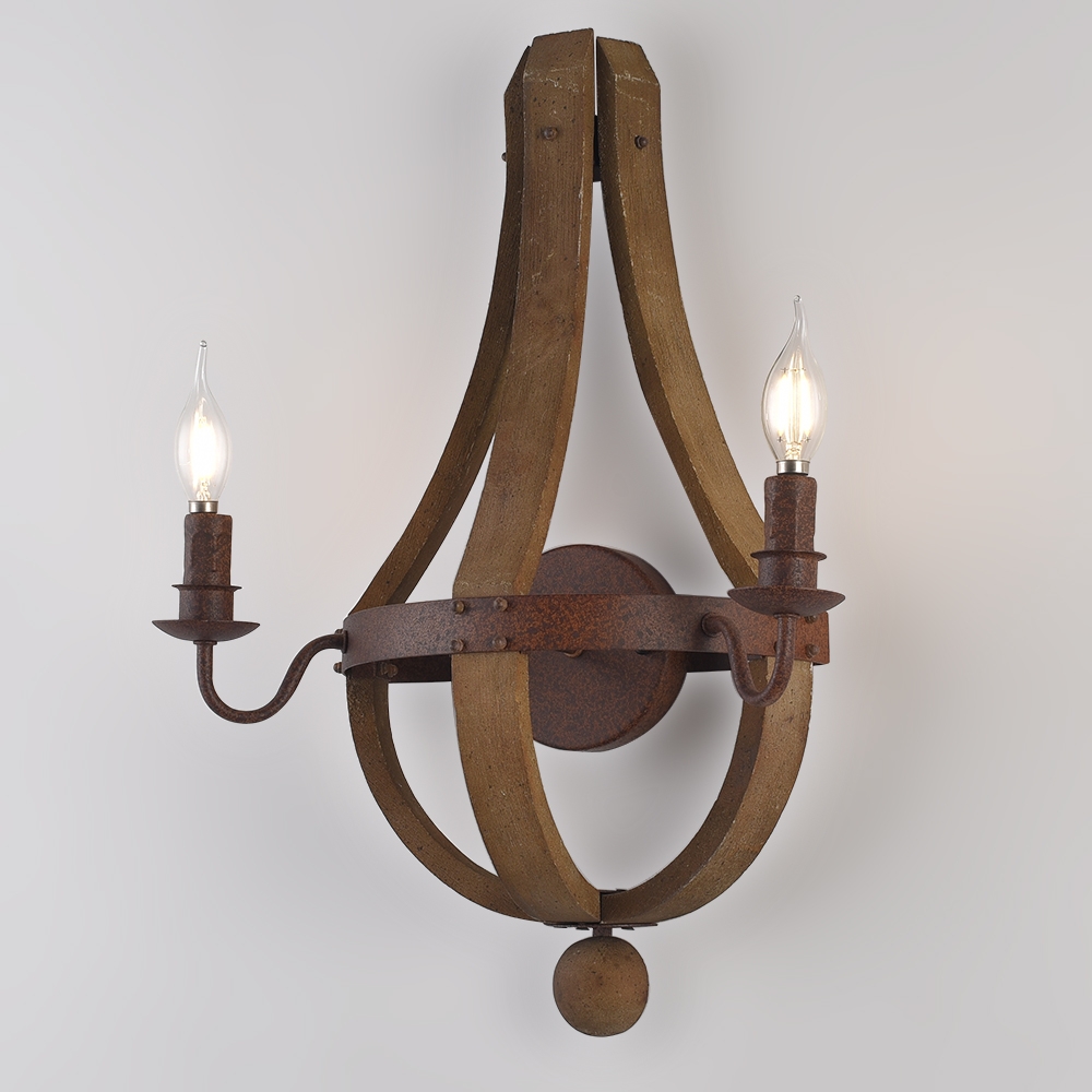 Vega Rustic Wine Barrel Stave Wood & Metal Indoor Wall Sconce 2-Light with Candle Light in Rust window image