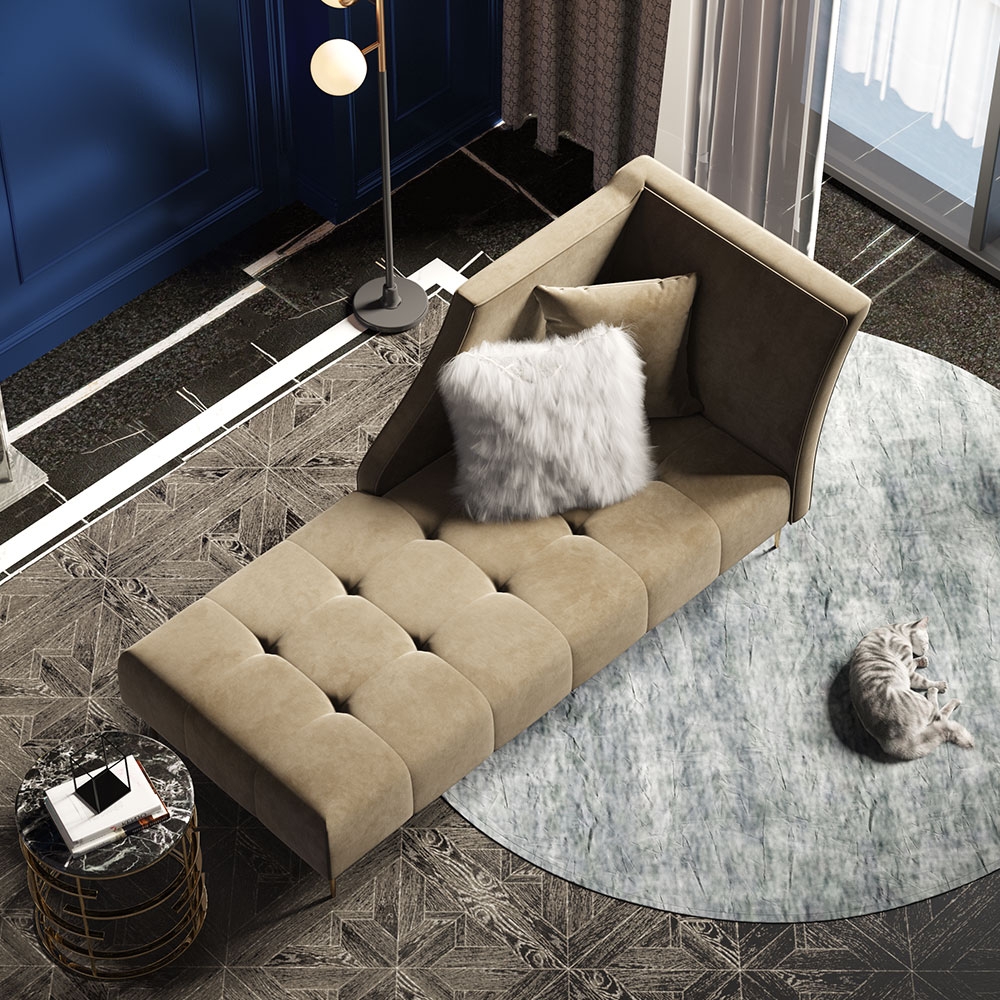 Modern Mid-Century Tufted Velvet Upholstered Chaise Lounge in Khaki ...