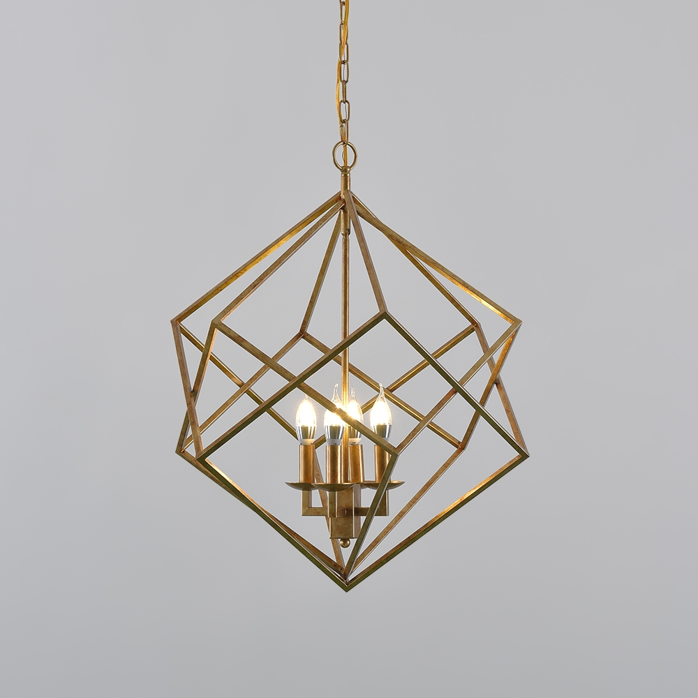 Modern Mid-Century Square Geometric Candle Chandelier 4-Light Antique Gold window image