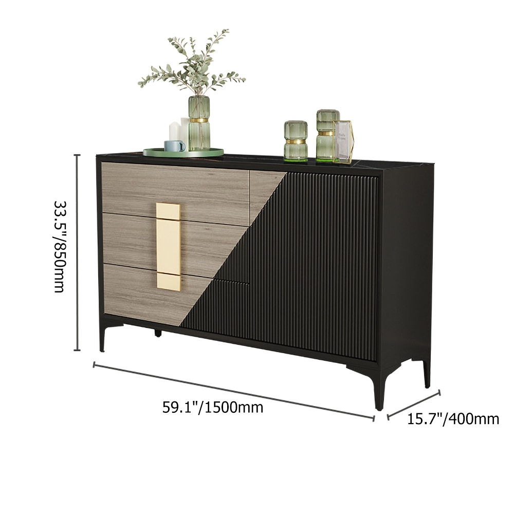 59" Black&Natural Modern Sideboard Buffet with Door&Drawers Sintered Stone Top window image