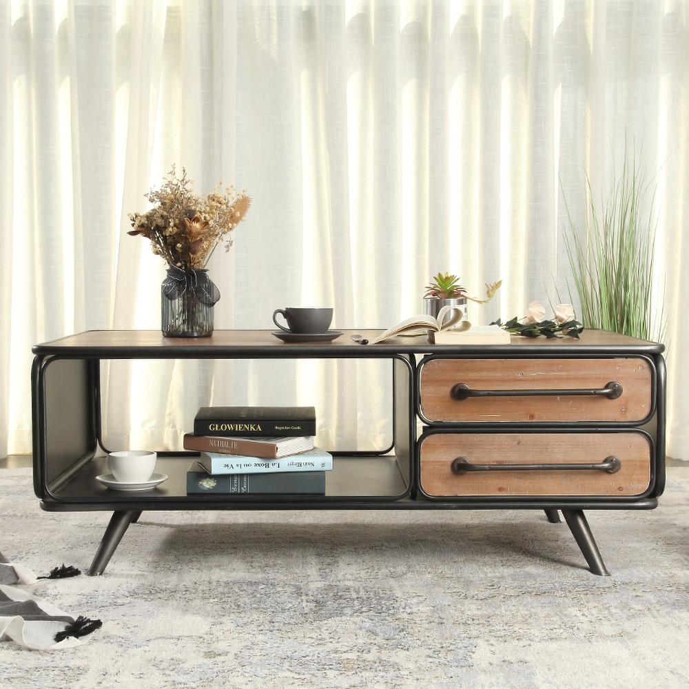 Retro salontafel met laden en opslag Metalen frame met houten blad Vensterafbeelding