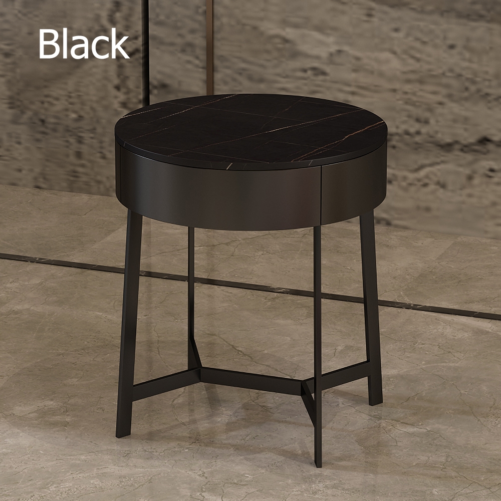 Black Round Side Table with Drawer Sintered Stone Top Accent Table Metal in Gold Finish window image