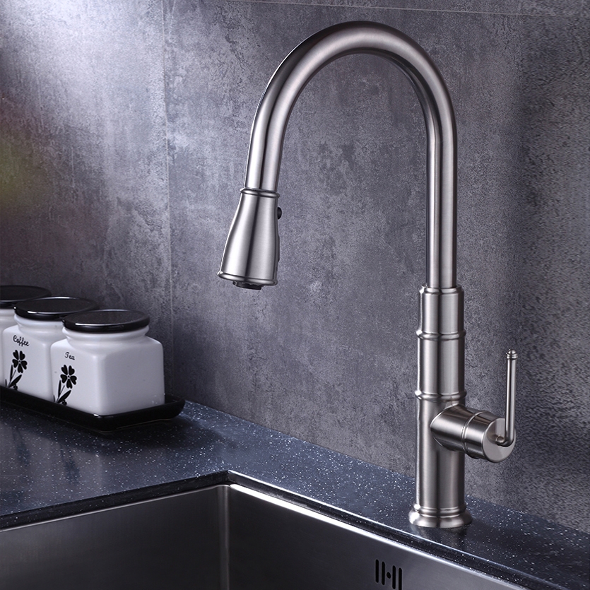 Modern Single Hole Single Handle Brass Pull Out Kitchen Faucet with 3-Function Sprayer in Brushed Nickel Finish window image