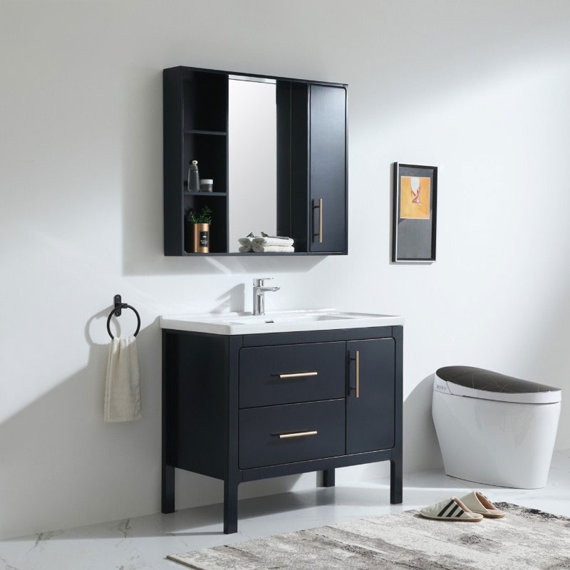 Modern Blue 40" Single Sink Bathroom Vanity with Sink & Drawers Medicine Cabinet Included window image