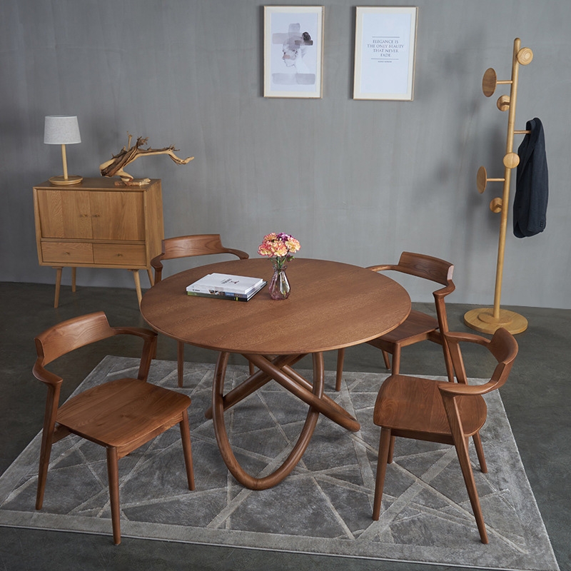 Modern Unique Design Round Solid Wood Dining Table 48" Ash Table in Walnut Finish window image