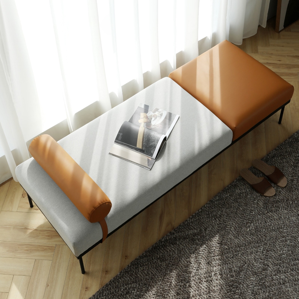 Modern Rectangular Ottoman Grey&Brown PU Leather and Cotton Upholstered Bench window image