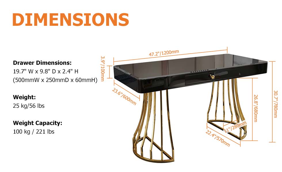 Bureau de bureau moderne en acier inoxydable avec base dorée 1200 mm Noir Poids, dimensions, image