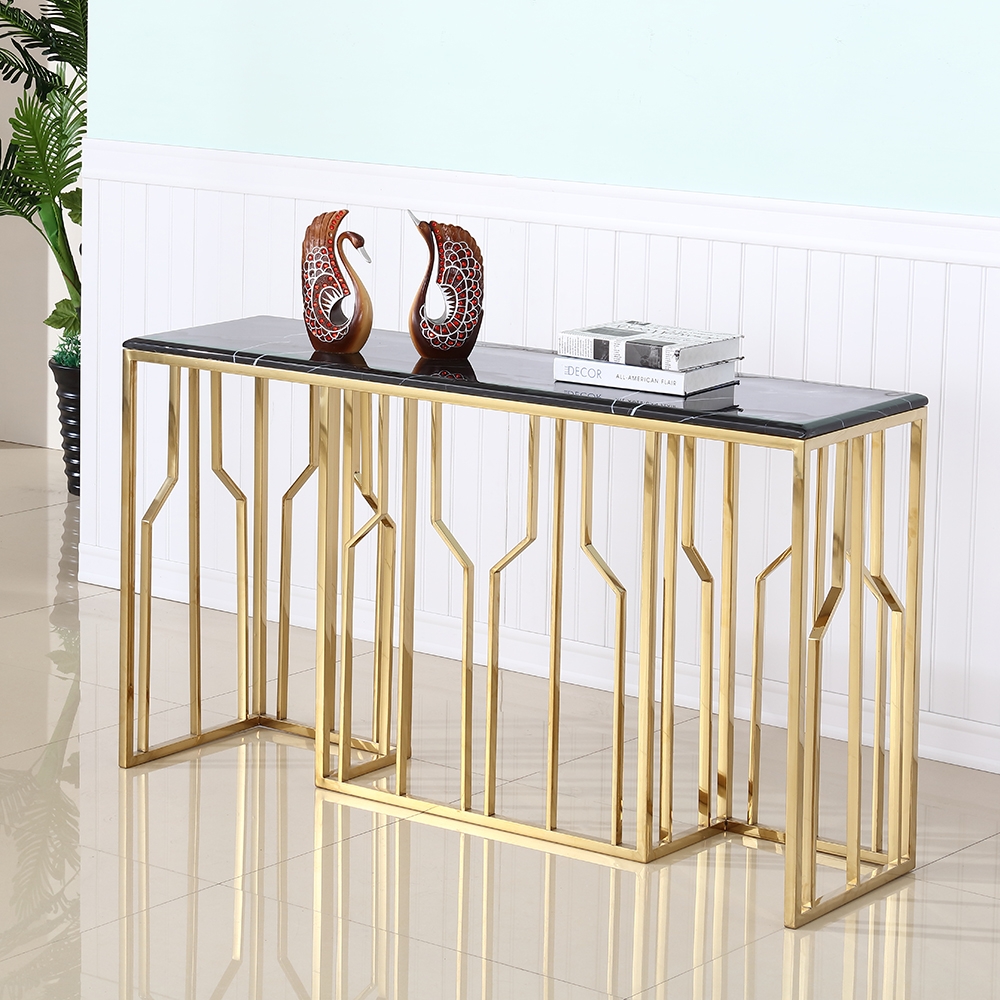 Modern Black Marble Console Table with Stainless Steel Frame window image