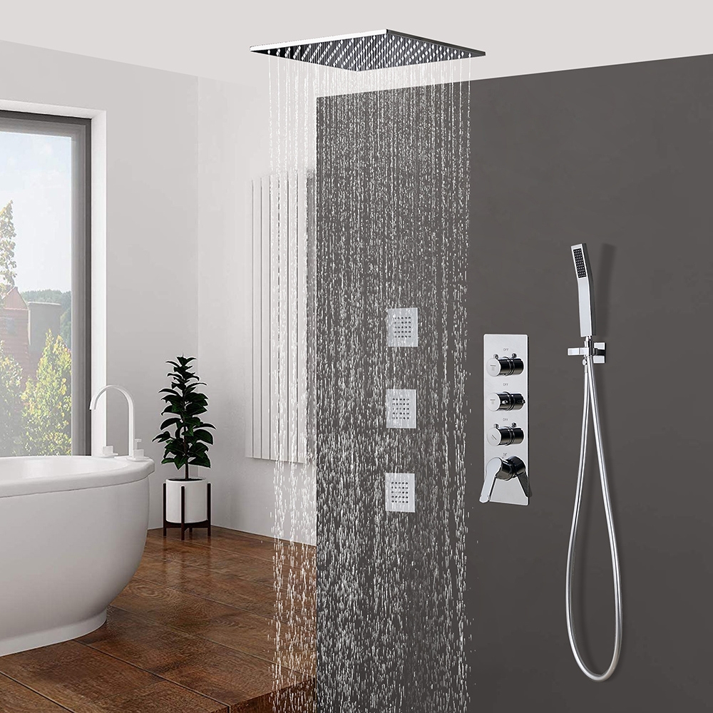Modern Style 20" Polished Chrome Square Rain Shower System with Handheld Shower & 3 Body Sprays Solid Brass window image