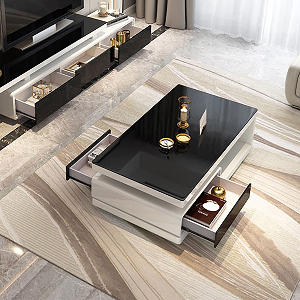 Modern Coffee Table with Drawers & Storage Tempered Glass White & Black window image