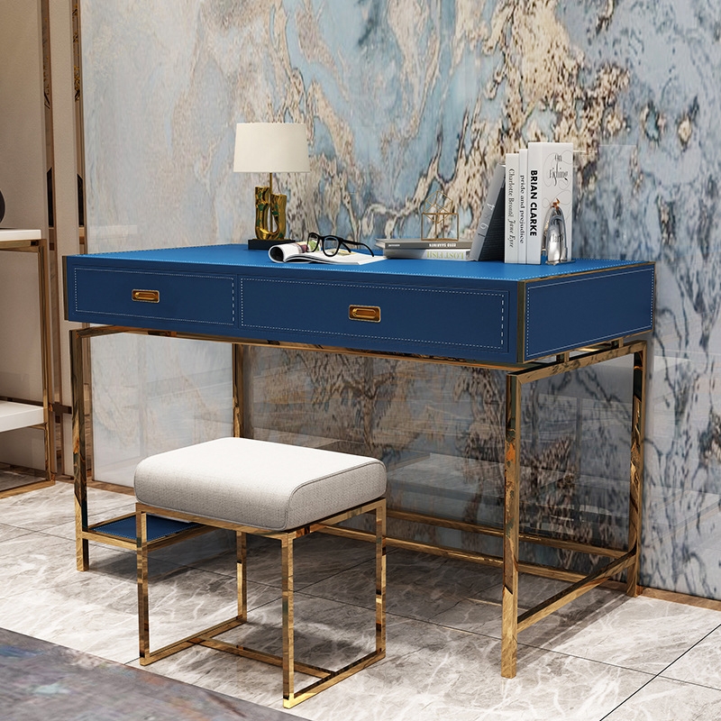 Modern Blue Faux Leather Office Desk Computer Desk with Drawers & Shelf in Gold Finish window image