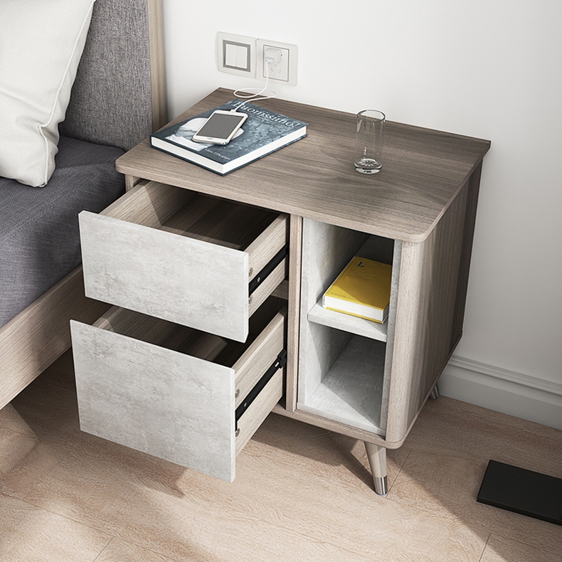 Moderne Scandinavische grote make-up kaptafel en zijopbergmeubel met spiegelspiegel en opbergkast in cementgrijs Vensterafbeelding