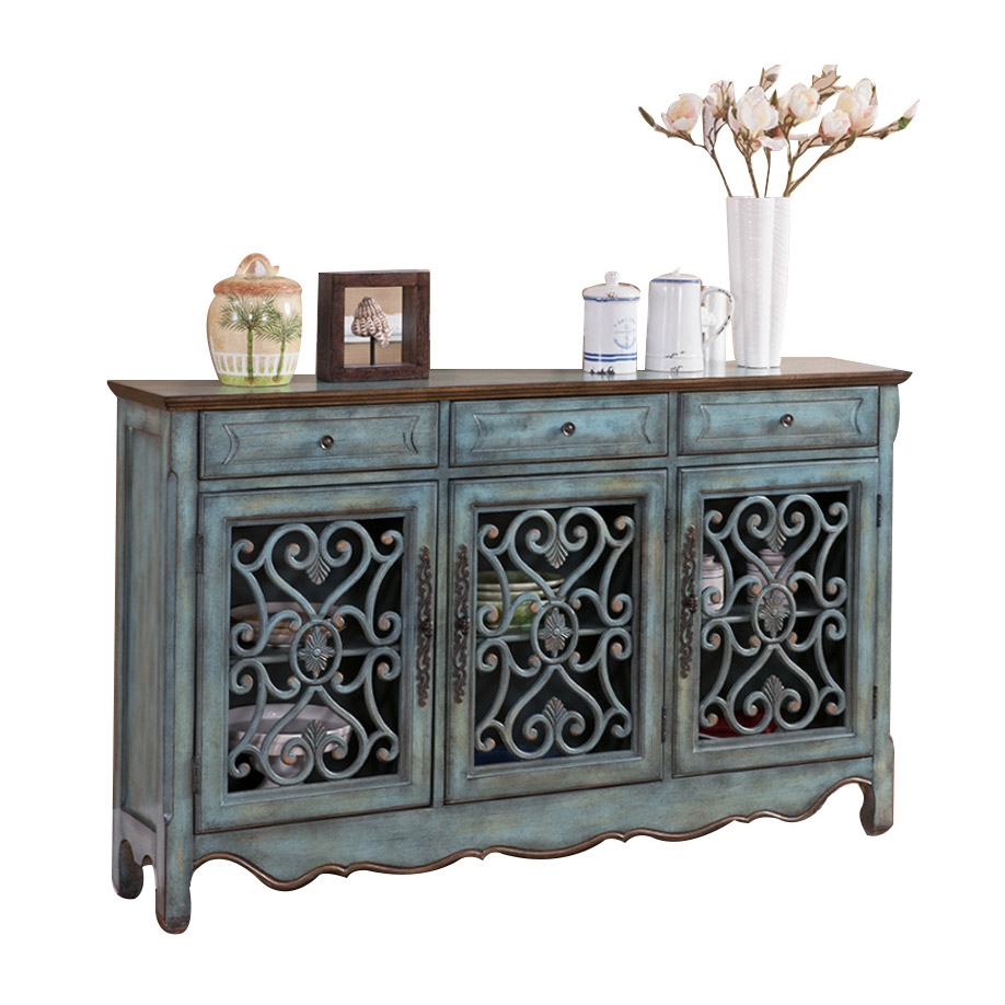 Farmhouse Distressed Blue 3 Door Accent Cabinet with Drawers & Storage Shelves Buffet Sideboard Solid Wood window image