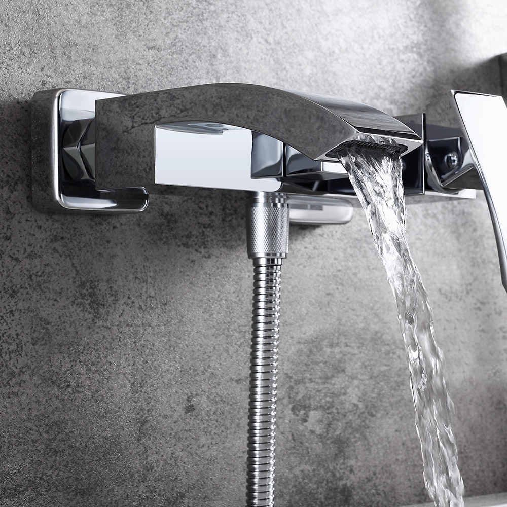 Ridge Wall-Mount Angled Waterfall Spout Single Handle Tub Filler Faucet Only Solid Brass in Polished Chrome window image