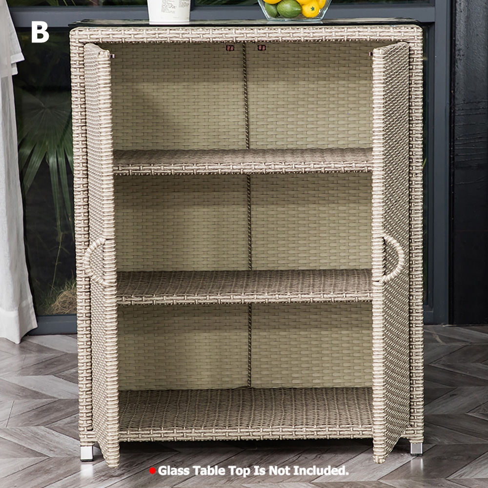 Opbergkast van geweven beige rotan voor binnen en buiten, accentkast, entree, balkon, gang Vensterafbeelding