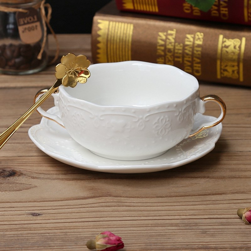 Modern Minimalist Round Embossed Bowl White Ceramic Gold Handles Soup Bowl with Saucer & Spoon Set of 2 window image