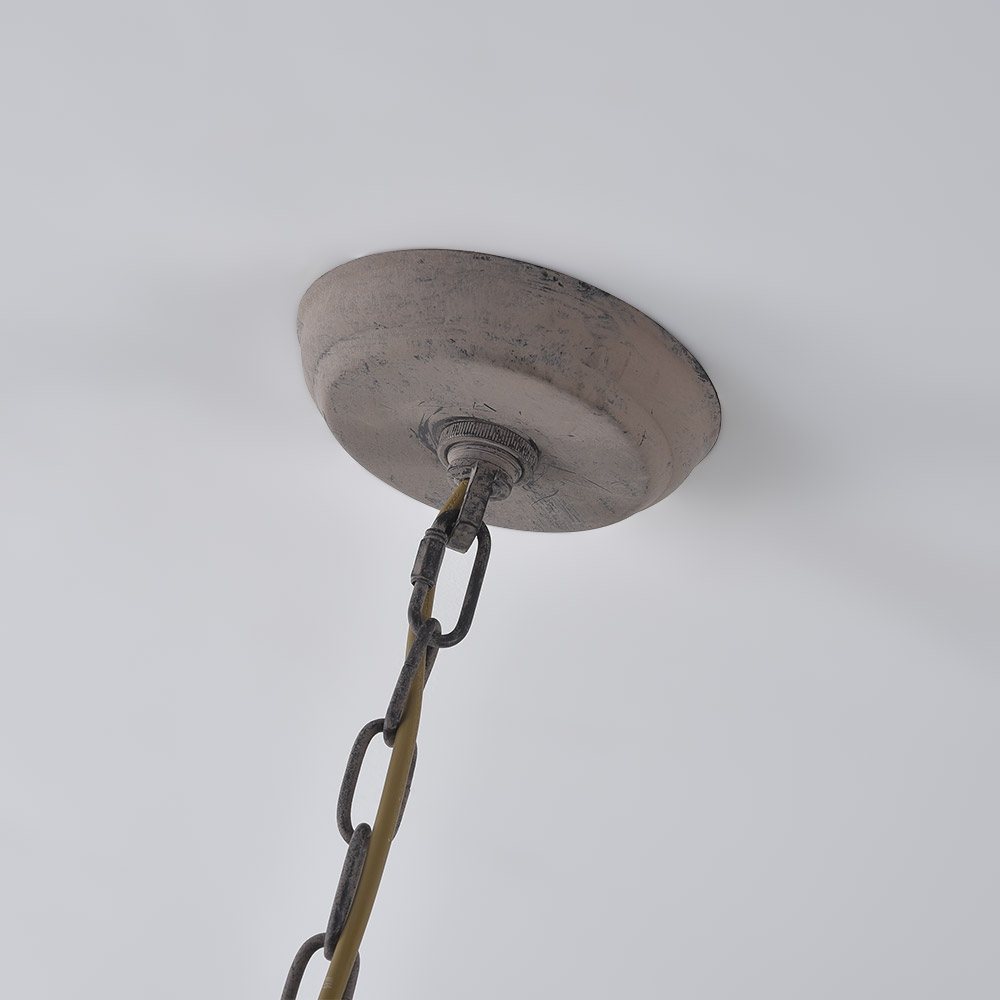 Vintage retro 3-licht wit gewassen oude houten kralen hanglamp rustieke smeedijzeren band in bruin Vensterafbeelding