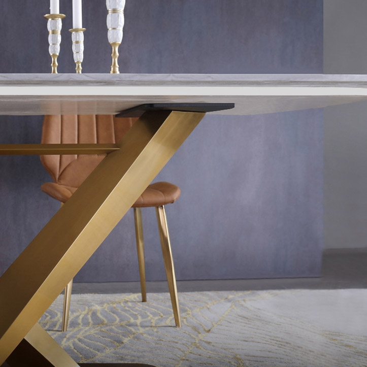 71" Rectangular Faux Marble Dining Table Gold X-Base Stainless Steel with White Marble top window image