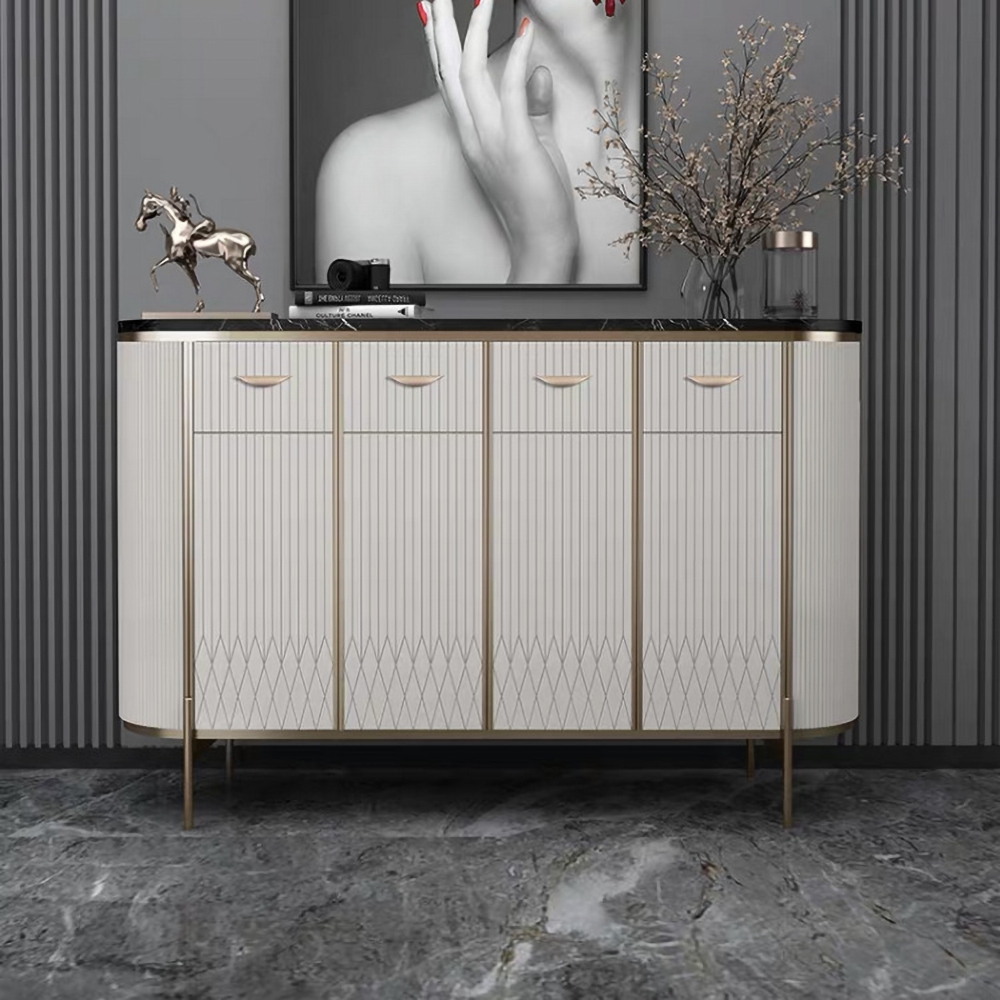 Buffet moderne de 1400 mm avec portes supérieures en faux marbre noir, tiroirs et étagères de taille moyenne image de fenêtre