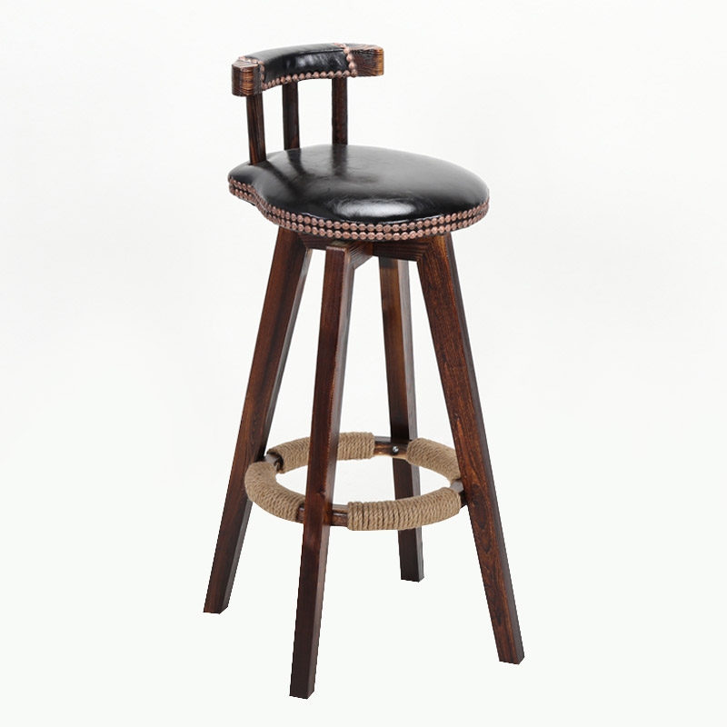 Retro Rustic Swivel Bar Stool Leather Wood Bar Stool with Back Round Nail Heads Seat Cushion in Black window image