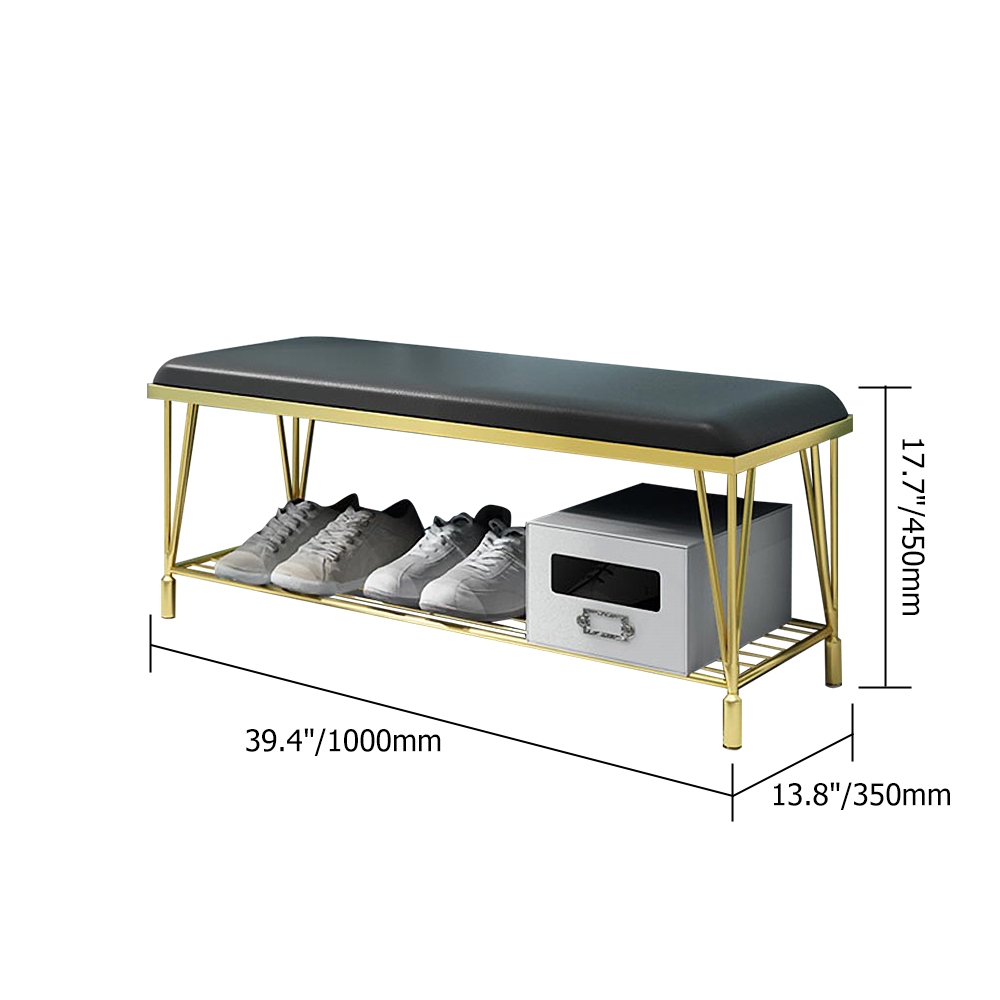 Black Storage Entryway Bench Upholstered PU Leather Modern Bench with Shelf in Gold window image