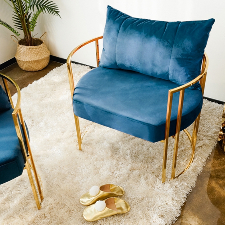 Gold Accent Chair Blue Velvet Barrel Chair with Pillow Back & Cushion Stainless Steel Frame window image