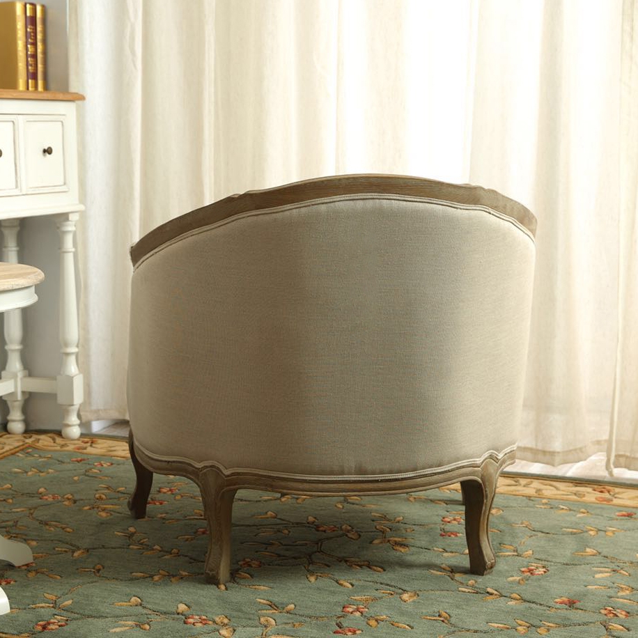 French Rustic Barrel Chair Linen Upholstered Oak Accent Chair Beige and Natural window image