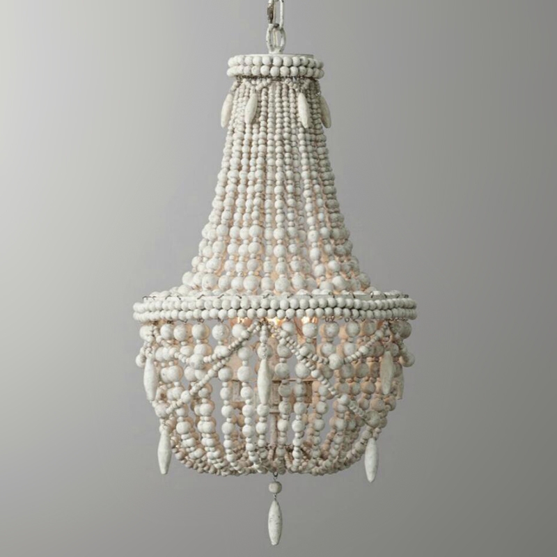 Classic Farmhouse Distressed Wood Beaded Basket 3-Light Chandelier in Antique White window image