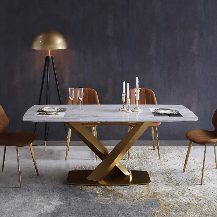 71" Rectangular Faux Marble Dining Table Gold X-Base Stainless Steel with White Marble top window image