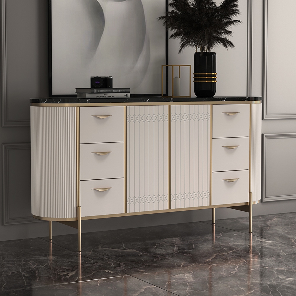 63" White Sideboard Buffet Faux Marble Top Kitchen Cabinet with Doors Adjustable Shelves Drawers window image