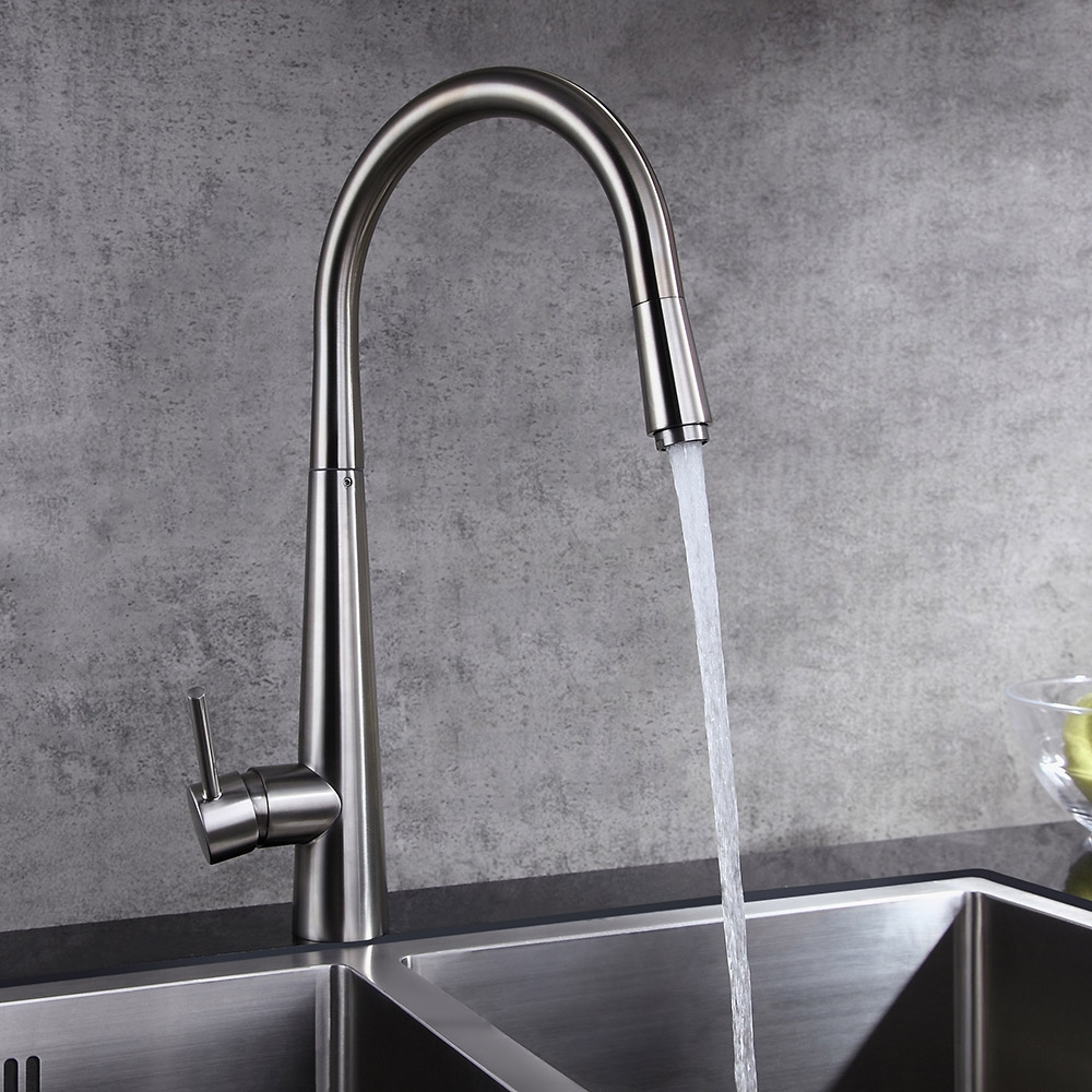 Rubinetto da cucina a spruzzo estraibile con maniglia singola Opula in nichel spazzolato Immagine della finestra