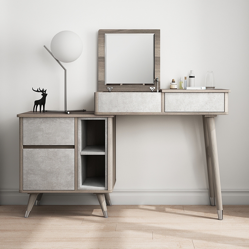 Modern Nordic Small Makeup Vanity Table & Side Storage Vanity with Flip Top Mirror & Storage Cabinet in Cement Gray window image
