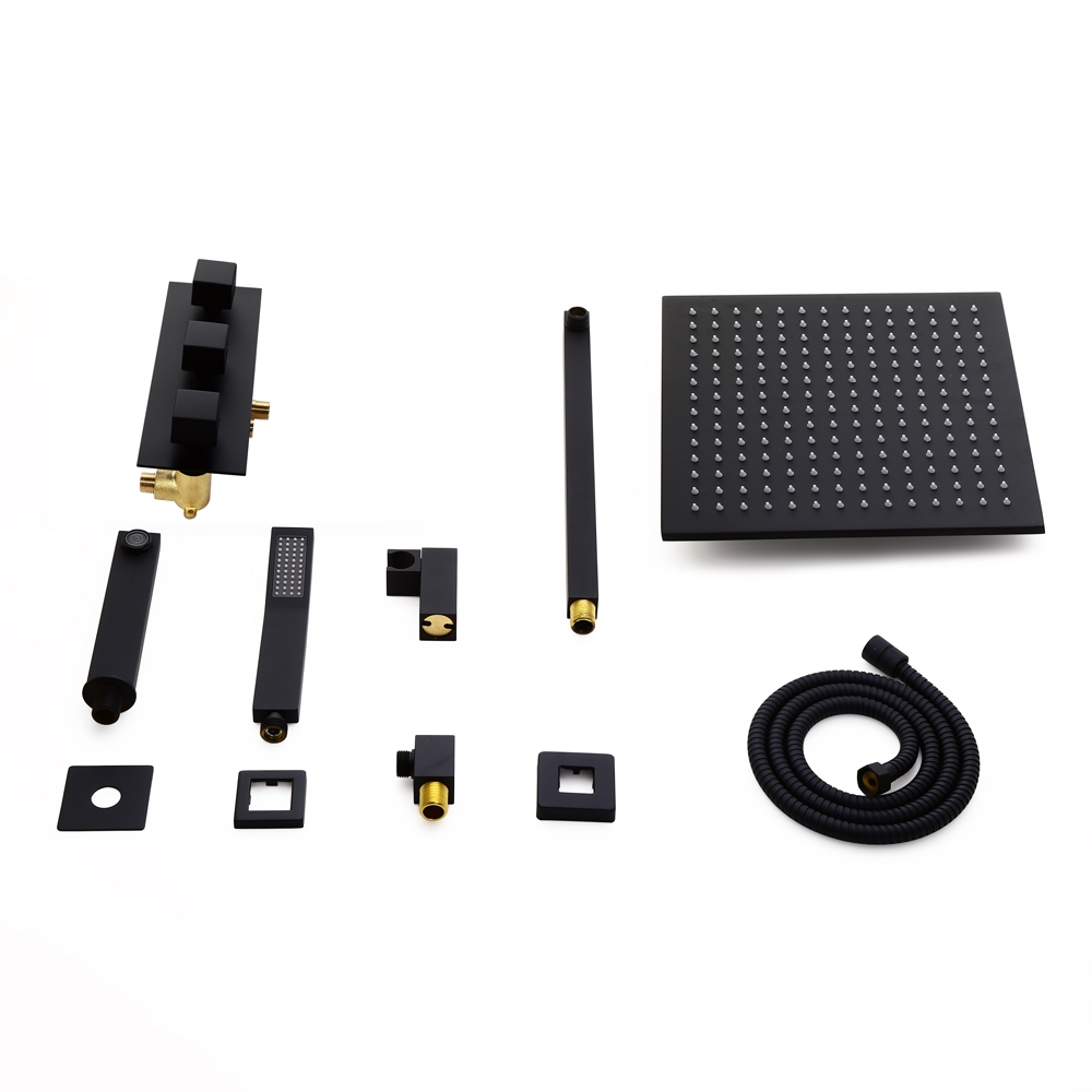 Matte Black Anti-Scald Wall-Mount 12" Rain Shower System with Hand Shower Kit & Bath Filler Solid Brass window image