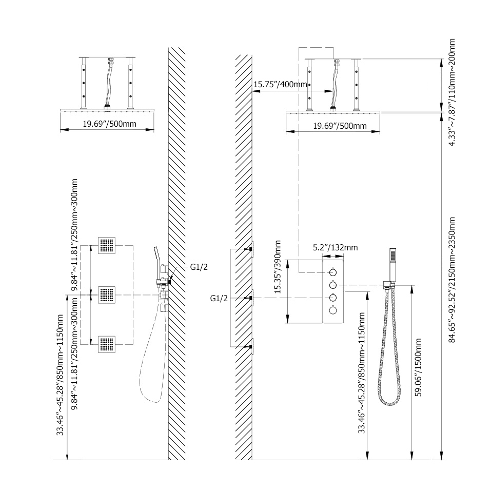 Modern Style 20" Polished Chrome Square Rain Shower System with Handheld Shower & 3 Body Sprays Solid Brass window image