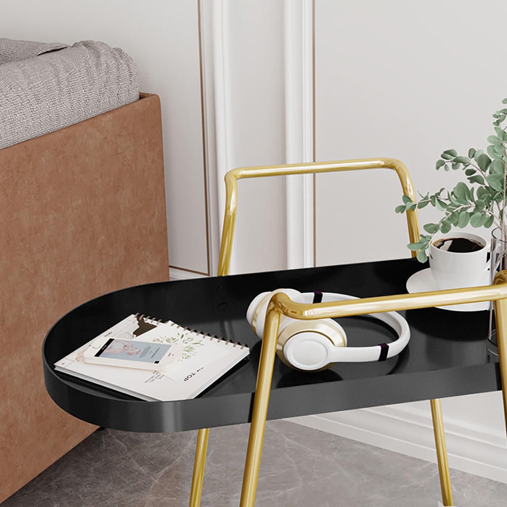 Modern Metal Shelving Freestanding with 2 Shelf & 4 Wheels End Table Black&Gold window image