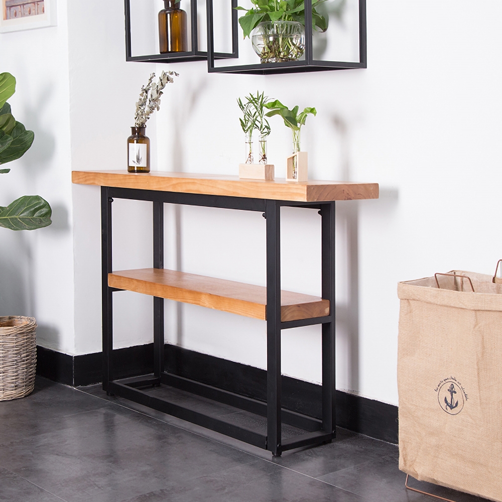 1000mm Retro Narrow Wooden Console Table with Shelf Metal in Black Finish window image