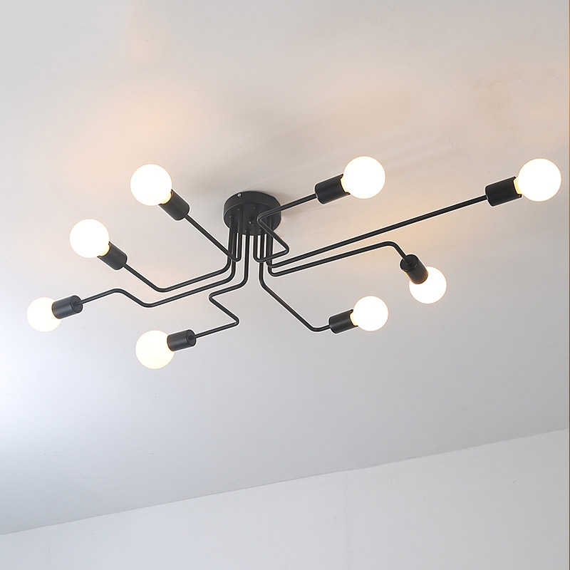 Industrial Creative Black Metal 8-Light Semi Flush Mount Ceiling Light & Exposed Globe Bulb window image