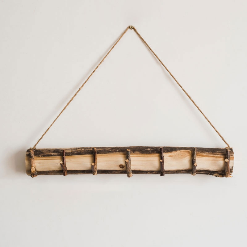 Rustic Style Wall Mounted Decorative Natural Wood Coat Rack with 7 Twig Hooks & Hanging Hemp Rope window image