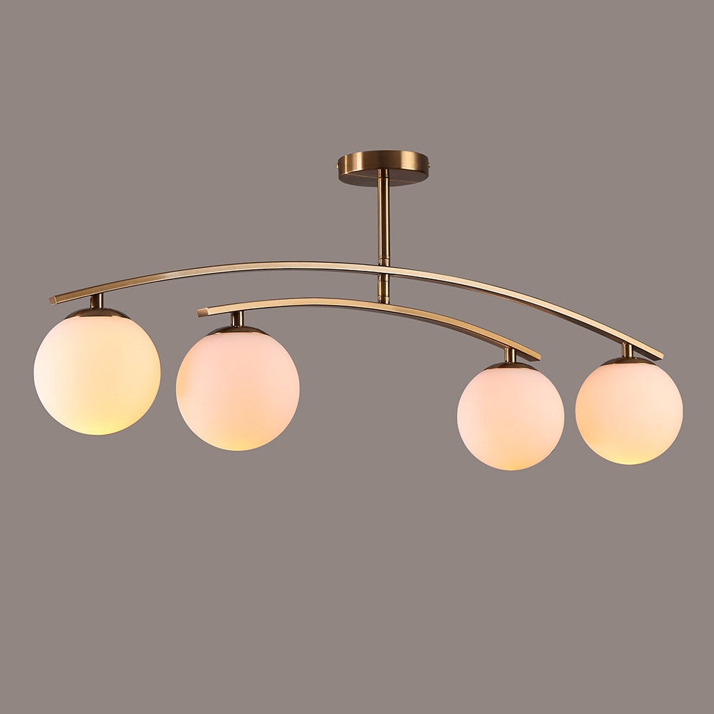 Modern 4-Light White Glass Globe Brass Metal Semi Flush Mount Ceiling Light Fixture window image