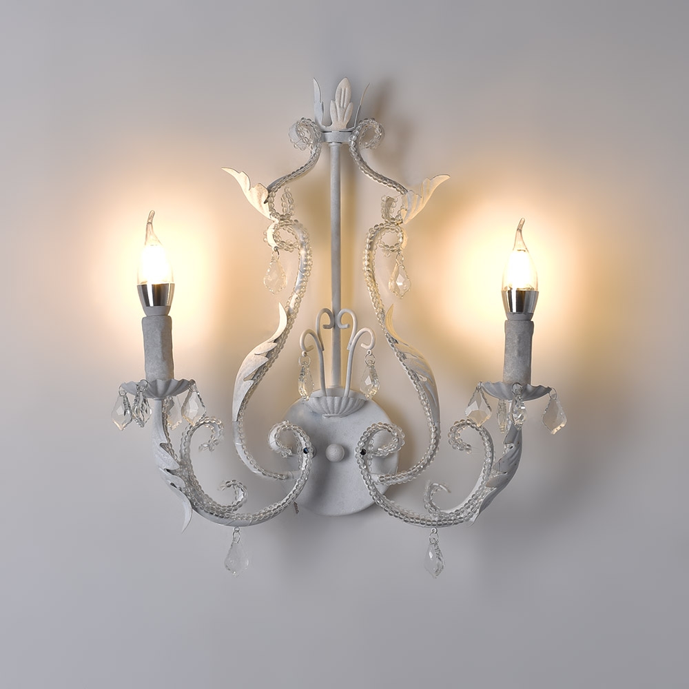 French Country Clear Crystal Beads 2-Light Indoor Wall Sconce in Antique White window image