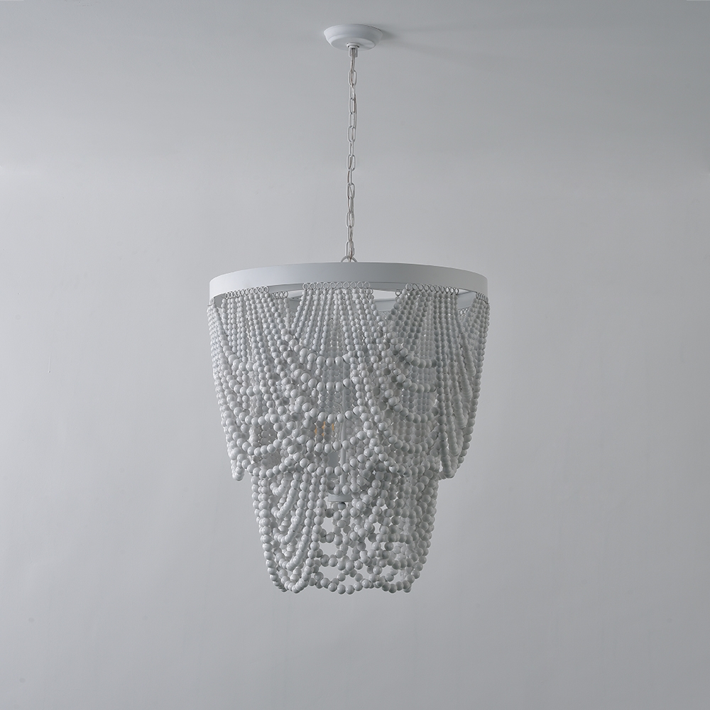 Rustic Farmhouse Wooden Bead Cascade 3-Light Chandelier in White window image